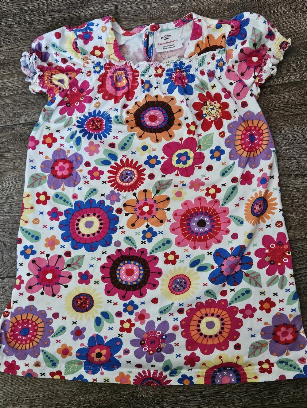 Hanna Andersson Bright Multi Floral Smocked Neck Short Sleeved Dress, Size 5-6